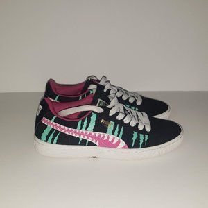 PUMA Classic  Black Suede Pink and Green Stripes